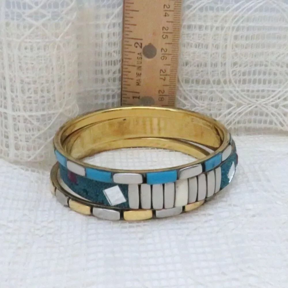 Set of 3 Bangle Bracelets With Gold, Silver, Turquoise Accents Boho Western - Picture 5 of 7